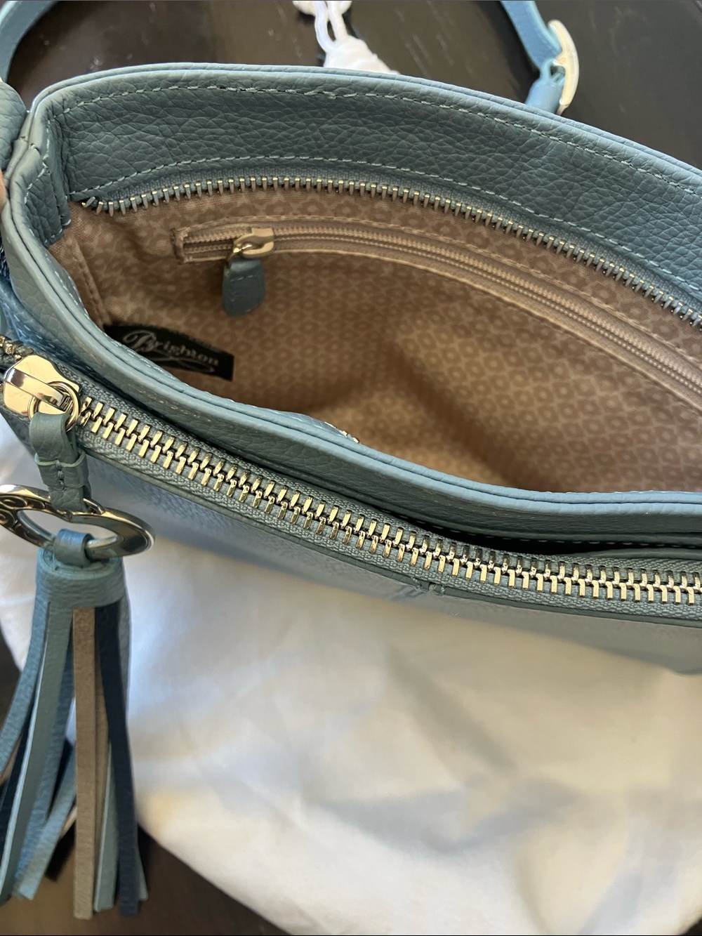 BRIGHTON Barbados City Organizer Blue Pebble Leather Heart-Adorned Tassel NWOT - Picture 4 of 13